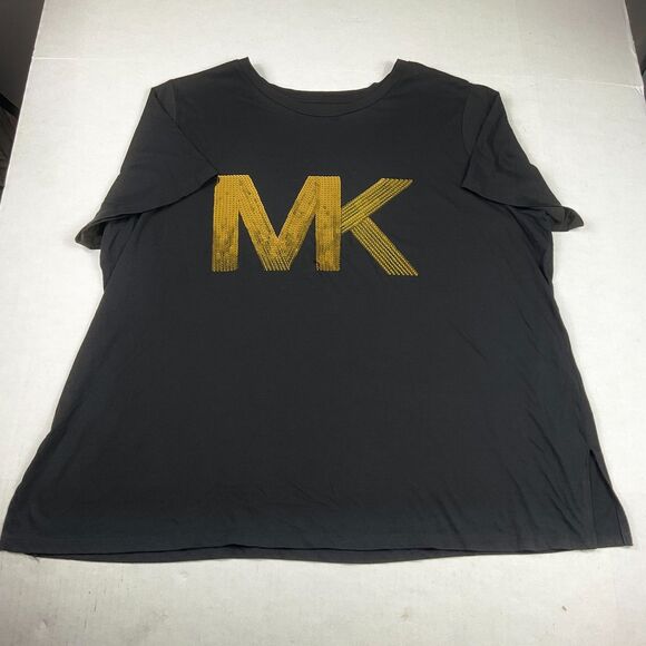Michael Kors MK Sequined Logo T-Shirt Black Glam Casual Short Sleeve Luxe Tee 2X - Picture 1 of 11